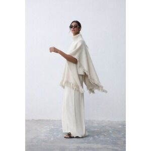 525 America Ivory Fringe Turtleneck Poncho Sweater M/L Cotton Knit Boho Chic